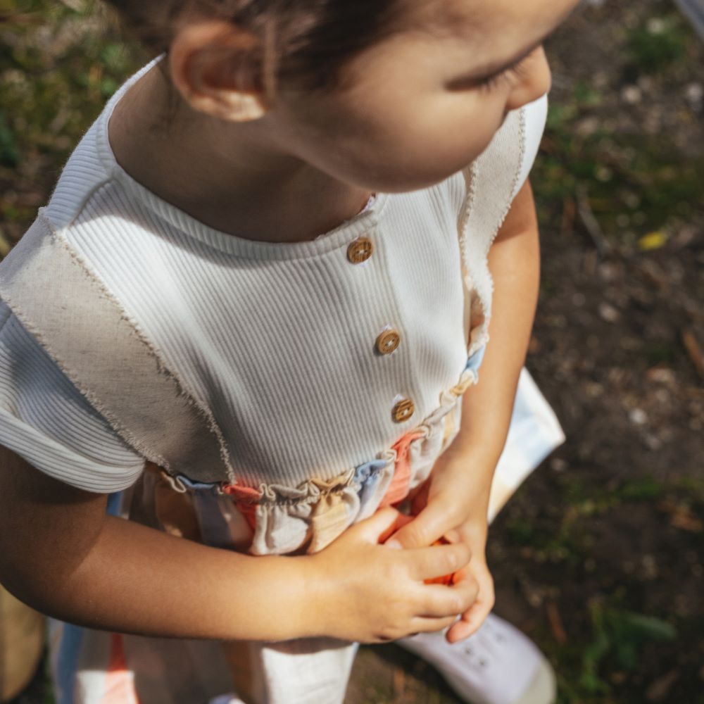 Vestido malha canelada e tecido de riscas - Laranjinha